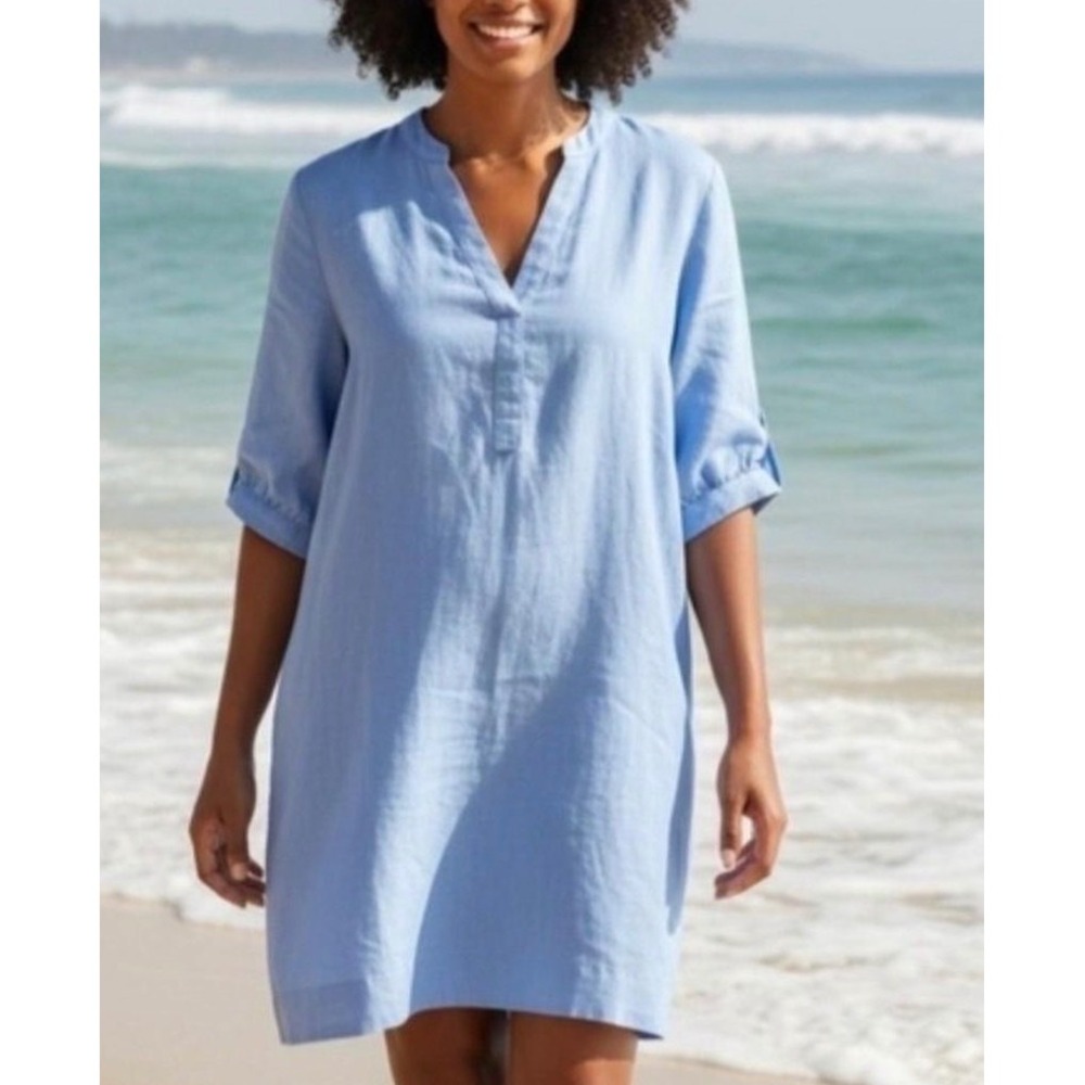 Lilly Pulitzer Lagoon Linen Blue Shift Dress Puff Sleeve Coastal Preppy size 16
